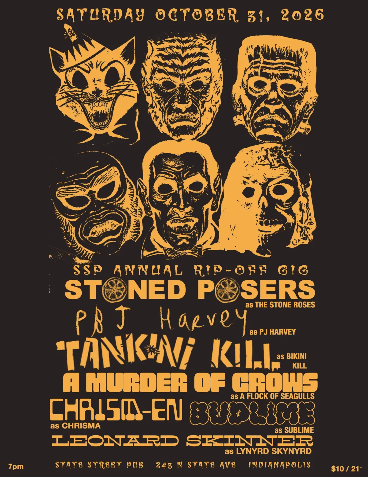 SSP ANNUAL RIP-OFF GIG feat. STONE POSERS (Stone Roses), PBJ HARVEY (PJ Harvey), TANKINI KILL (Bikini Kill), A MURDER OF CROWS (A Flock of Seagulls), CHRISM-EN (Chrisma), BUDLIME (Sublime) & more — State Street Pub