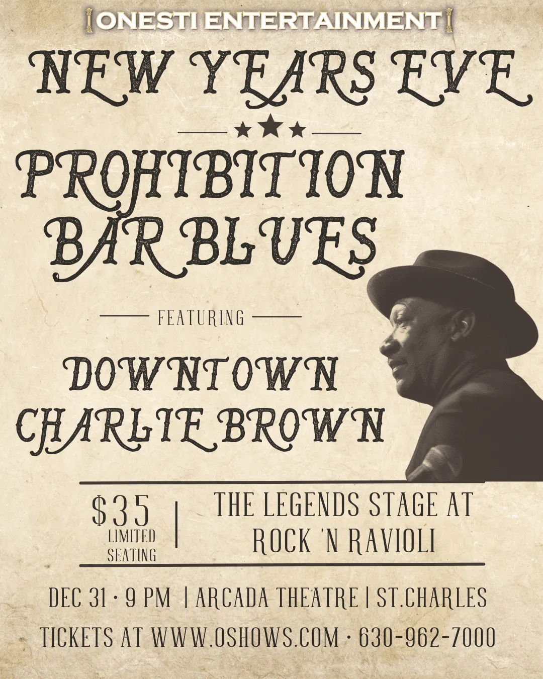 ROCK ‘N RAVIOLI: NEW YEAR’S EVE PROHIBITION BAR BLUES with DOWNTOWN CHARLIE BROWN